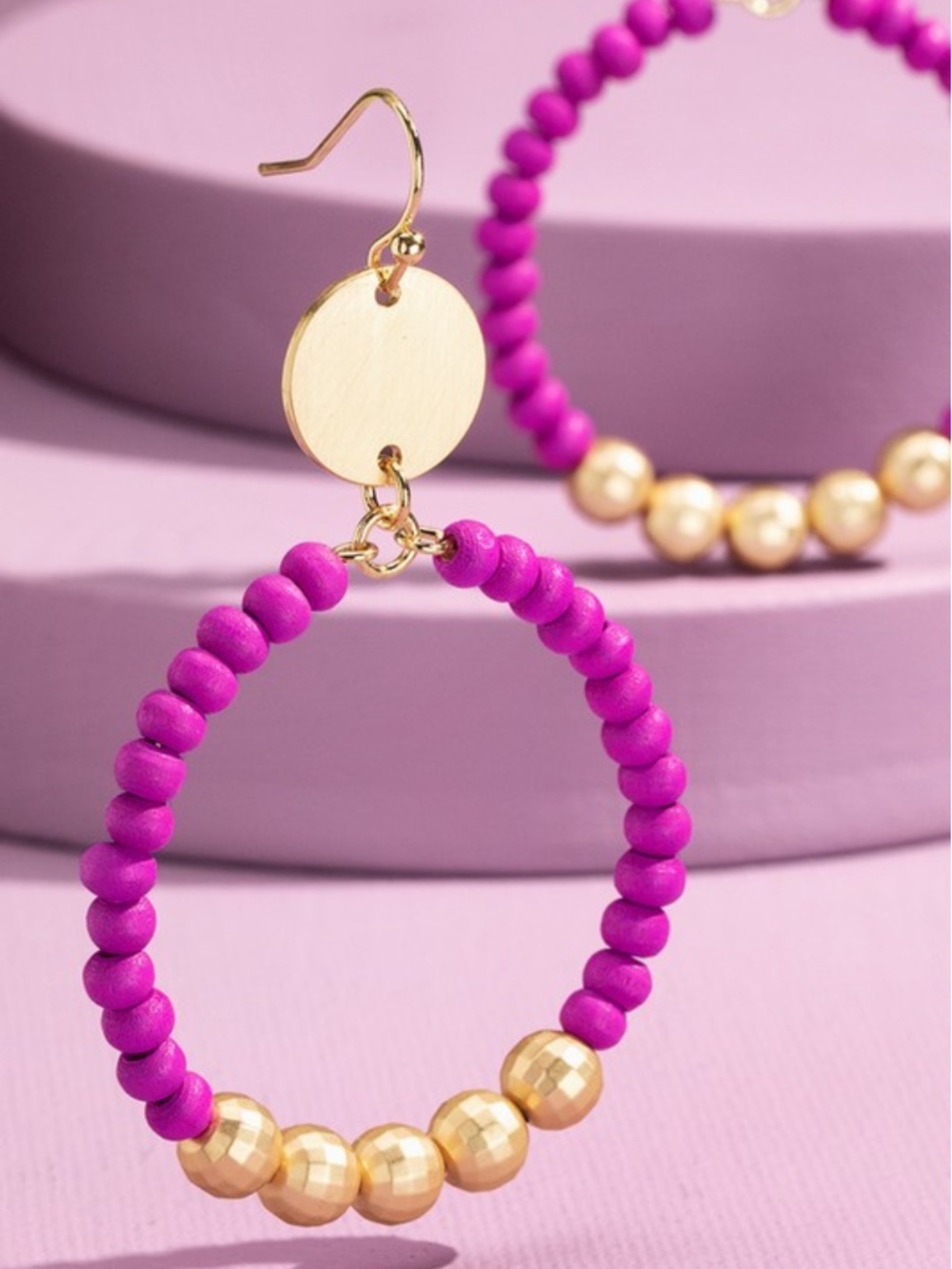 Fuchsia Wood Beaded Circle Earrings